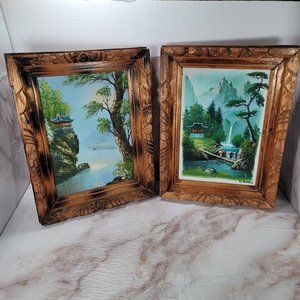 2 Vintage MCM China Scene Oil Paintings ~ One Signed Choe ~ Carved Wood